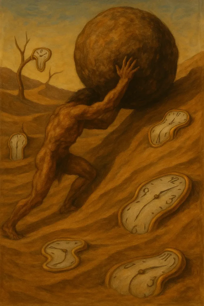 Man pushing a large boulder uphill, symbolizing the relentless pressure of self-improvement.”
